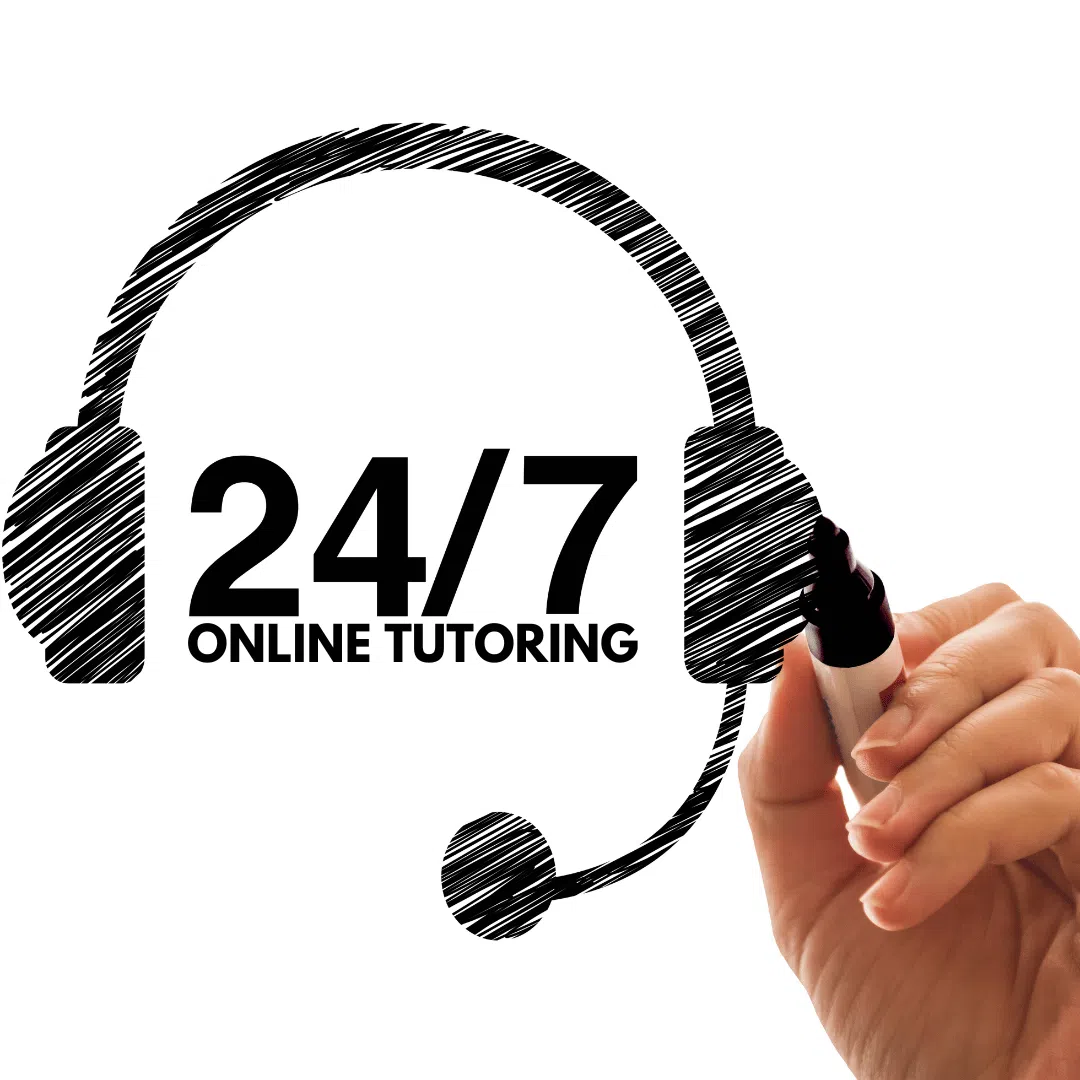 A hand drawing a headset with the text "24/7 ONLINE TUTORING," representing 24-hour online tutoring services.