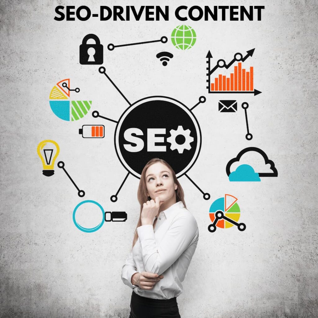 A thoughtful businesswoman standing in front of a concrete wall with interconnected icons and the phrase 'SEO-Driven Content,' representing the strategic approach to SEO Blog writing services.