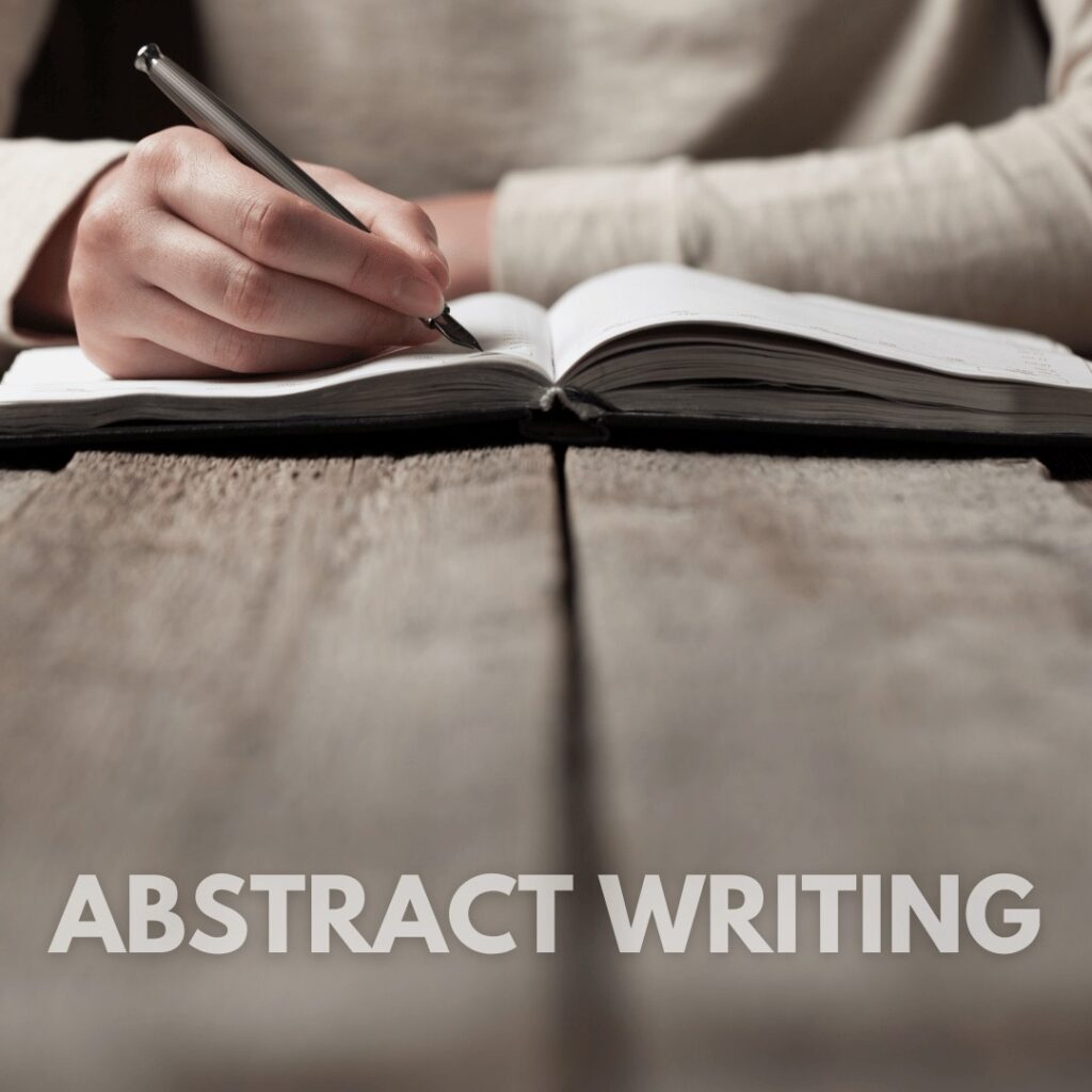 A person writing in an open notebook with the text 'Abstract Writing' at the bottom, representing Abstract Writing Services.