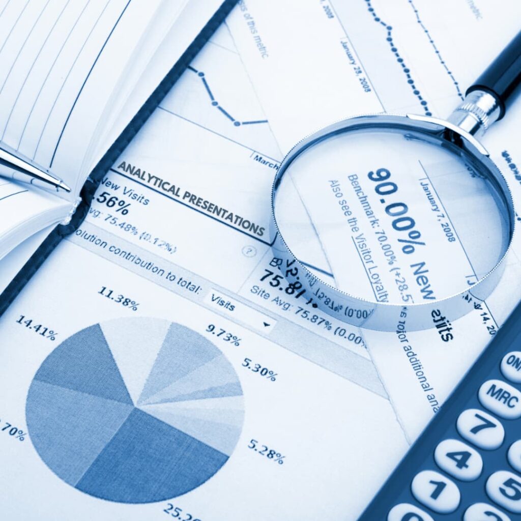 A magnifying glass focusing on a 90% statistic over a background of various graphs and charts, representing analytical Powerpoint (PPT) presentation creation services.