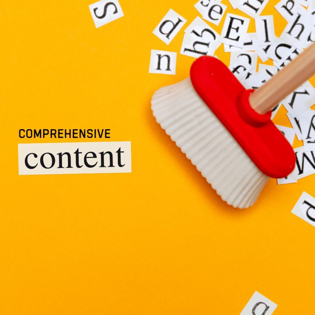 A broom sweeping away scattered letters with the word "content" remaining, highlighting custom K-12 content development services.