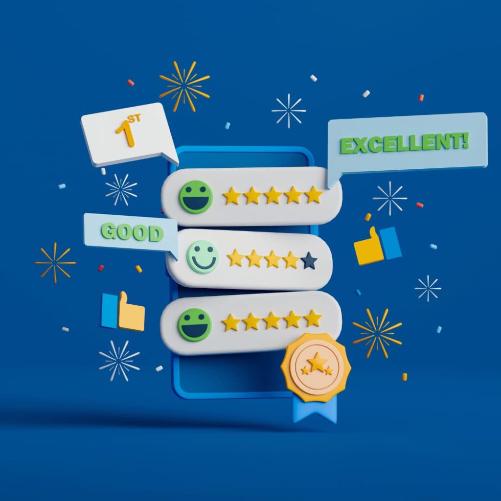 A vibrant 3D illustration of a mobile phone with customer service icons like smiley faces, stars, and thumbs-up, symbolizing customer service virtual assistant services.