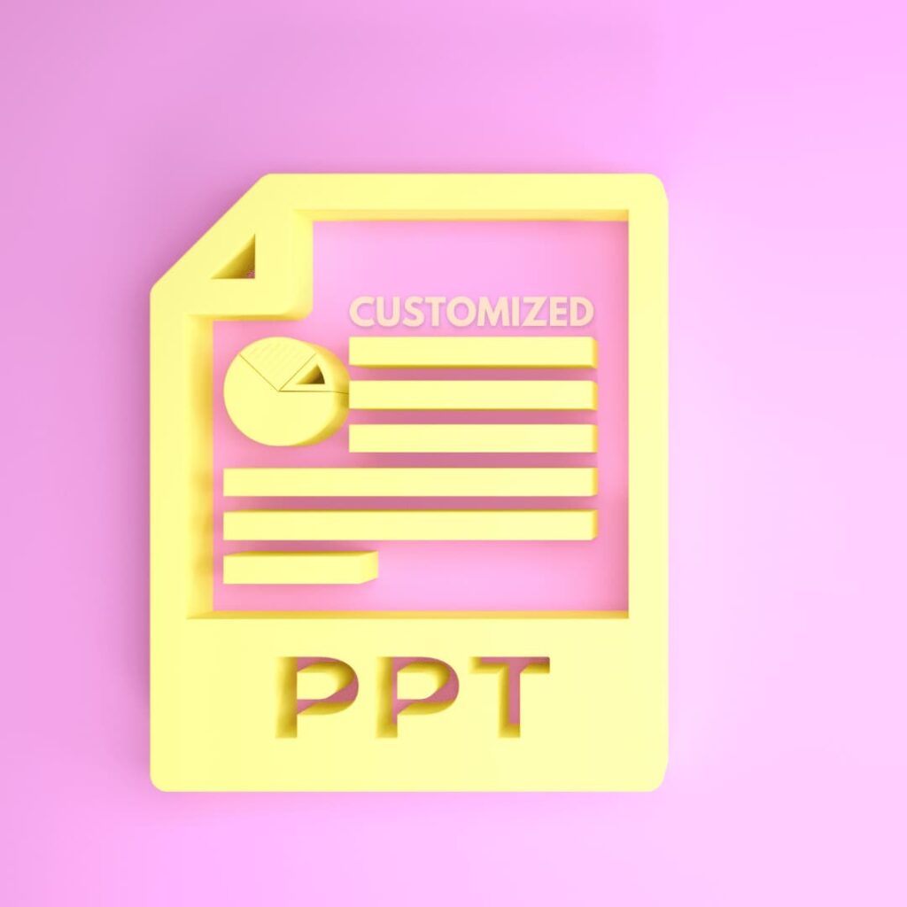 A yellow icon of a document with a pie chart and lines of text on a pink background, labeled "CUSTOMIZED PPT," highlighting customized PPT creation services.