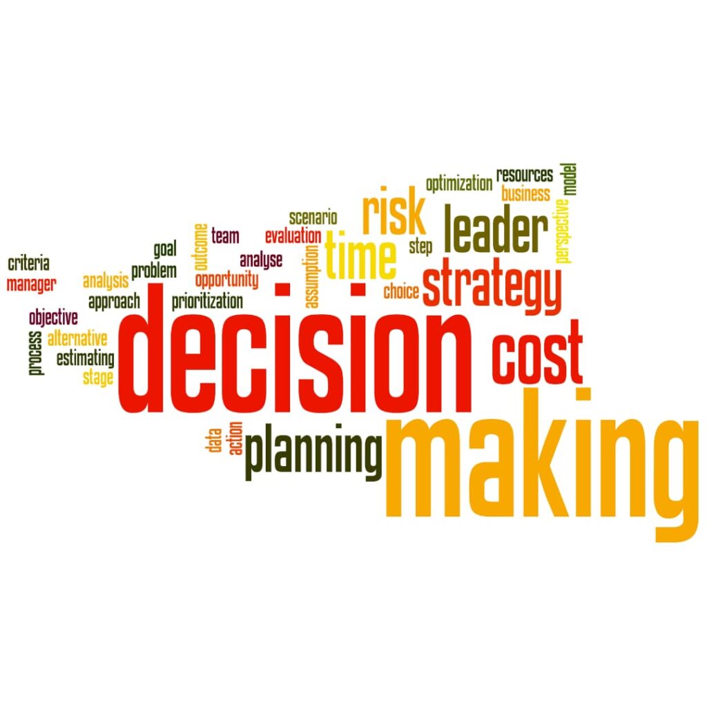 A word cloud with "decision making" prominently featured, surrounded by related terms such as "planning," "strategy," and "leader," emphasizing decision-making PPT presentation creation services.