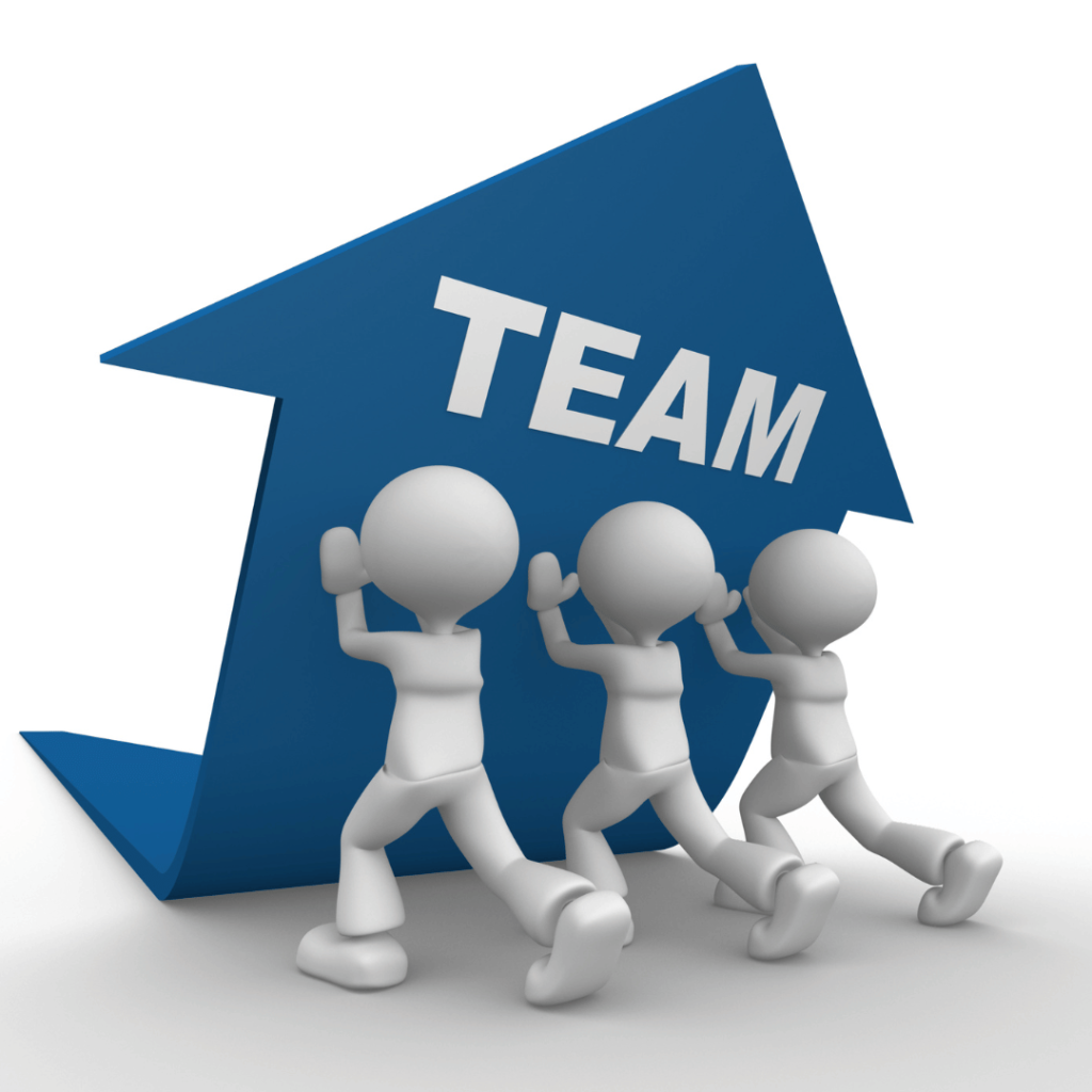 Three 3D figures working together to push up a large blue arrow labeled 'Team,' symbolizing the concept of dedicated onsite teams for staffing services.