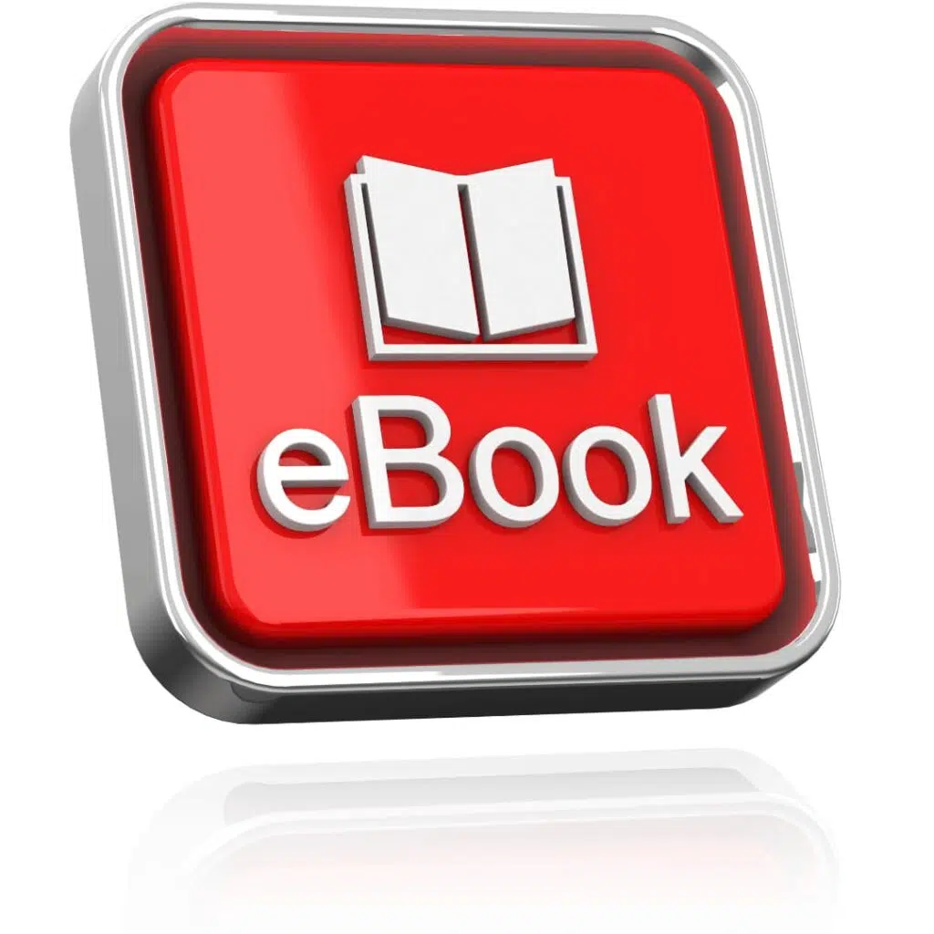 A red icon with the word "eBook" and a book symbol, highlighting eBook formatting services.
