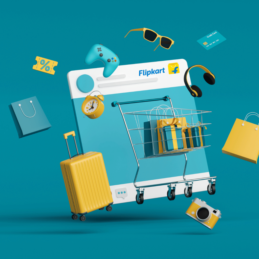 A 3D illustration of a Flipkart shopping interface surrounded by various shopping icons like a suitcase, shopping bags, and gadgets, representing Flipkart product description writing services.