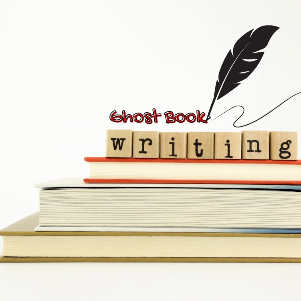 A stack of books with wooden blocks spelling out 'writing' and a quill illustration, with the words 'Ghost Book' above, representing ghost book writing services.