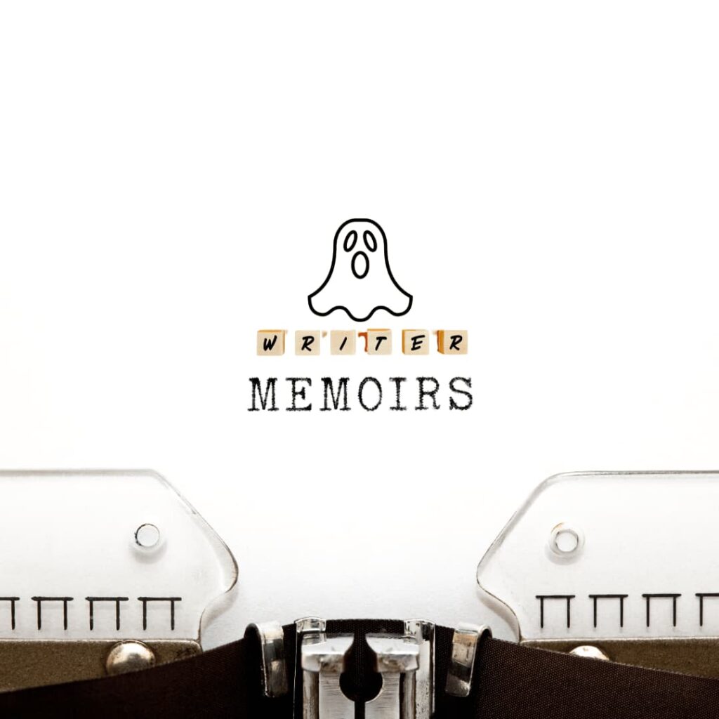 A typewriter with the words 'MEMOIRS' and an illustration of a ghost with the term 'WRITER' above, indicating ghostwriting services for memoirs.