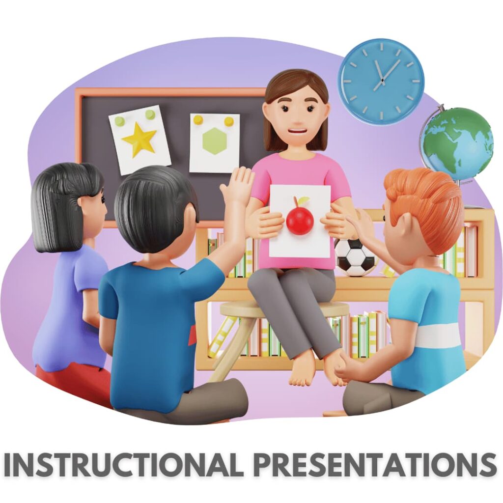 An illustrated teacher with children around, showing a card with an apple, against a backdrop of a classroom setting, highlighting instructional PPT presentation creation services.