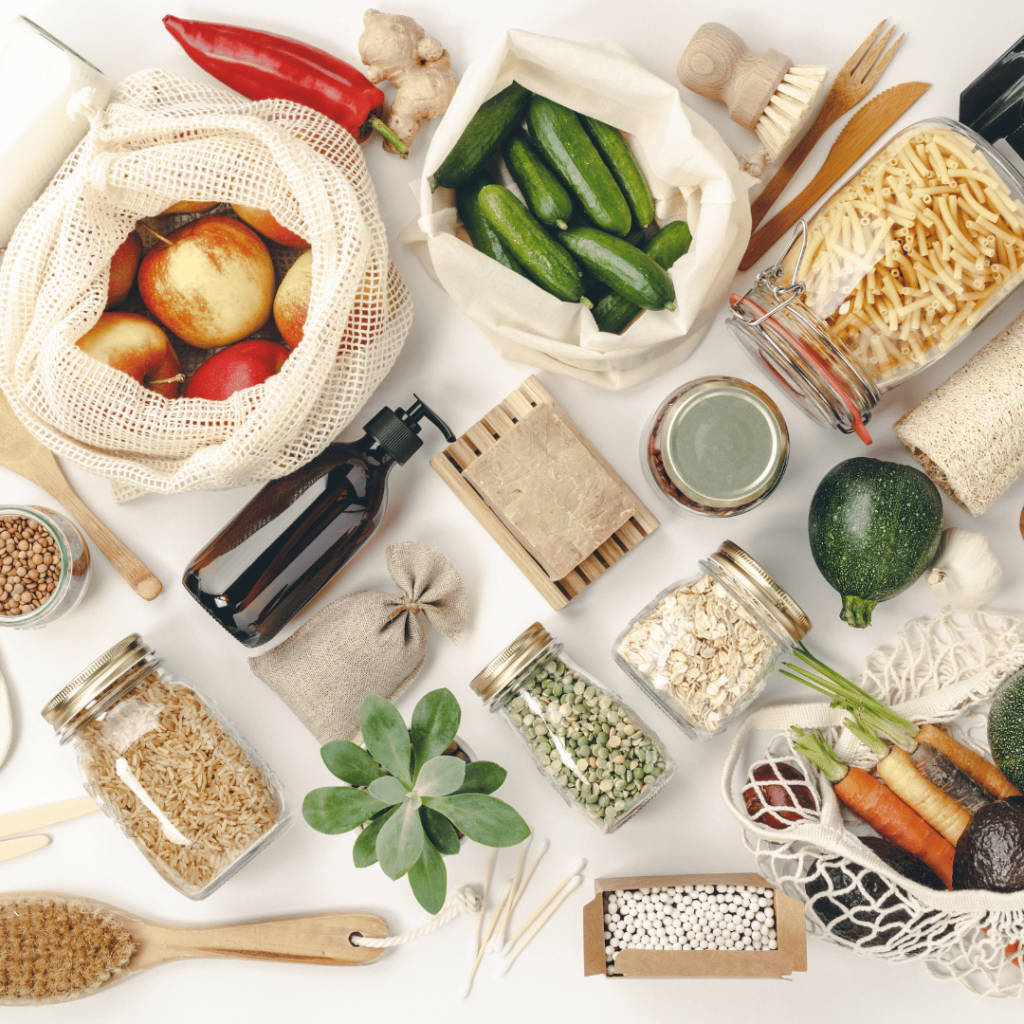 A flat lay of various lifestyle items including fresh produce, eco-friendly packaging, and household items, indicating lifestyle product description writing services.