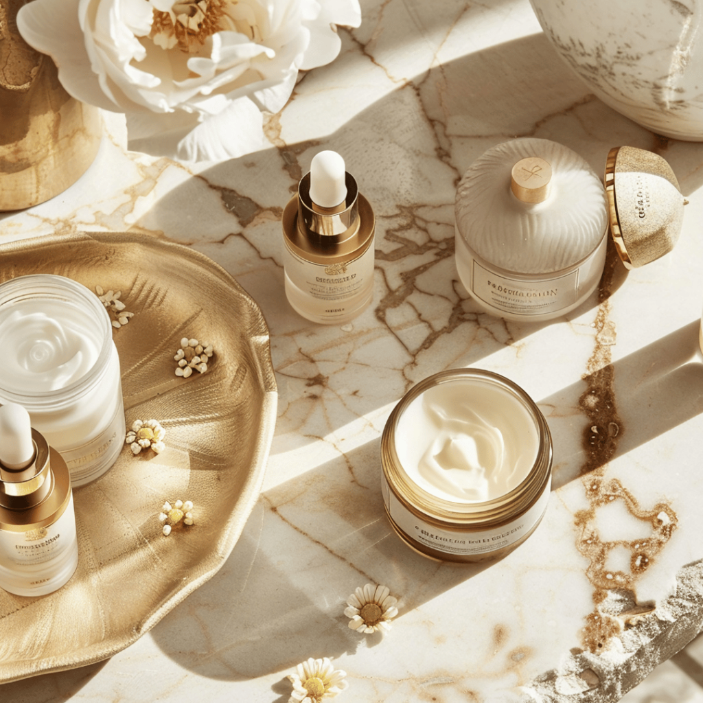 An elegant arrangement of luxury skincare products on a marble surface with golden accents, representing luxury product description writing services.