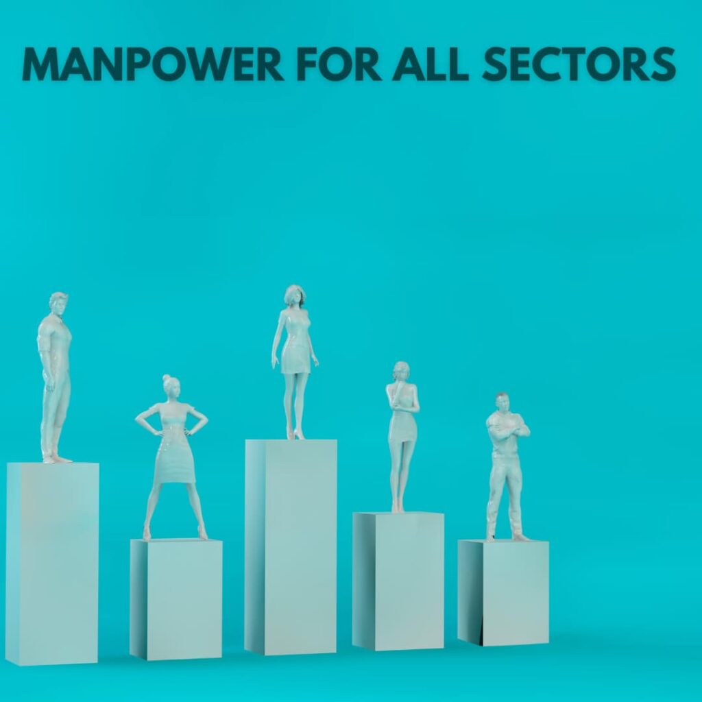 Silhouettes of people on different pedestal heights against a blue background, with the words "Manpower for All Sectors," representing the diverse recruitment services for all industries.