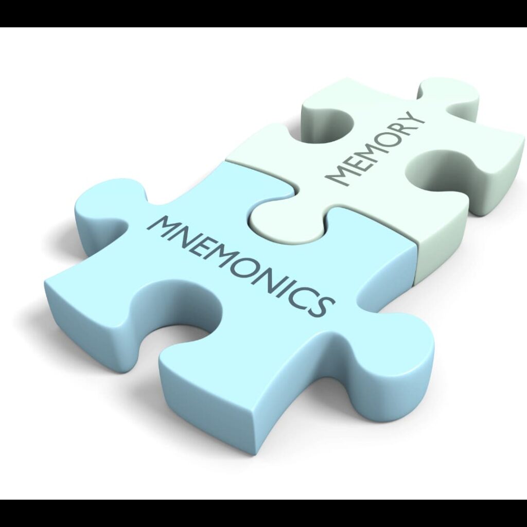 Two interlocking puzzle pieces labeled "Mnemonics" and "Memory," illustrating mnemonics flashcards creation services.