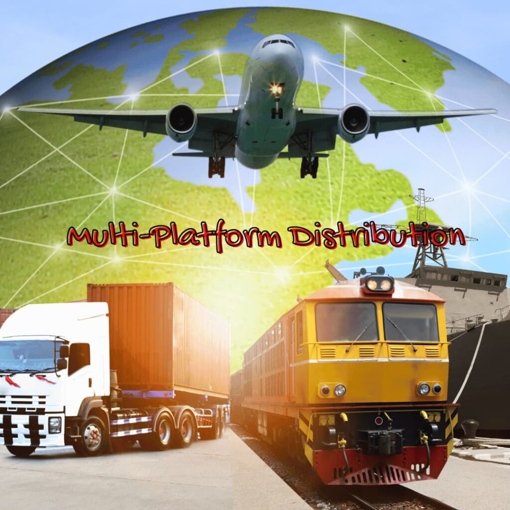 Various modes of transportation including an airplane, truck, and train, depicted in front of a globe, symbolizing multi-platform distribution for comprehensive SEO Blog writing services.