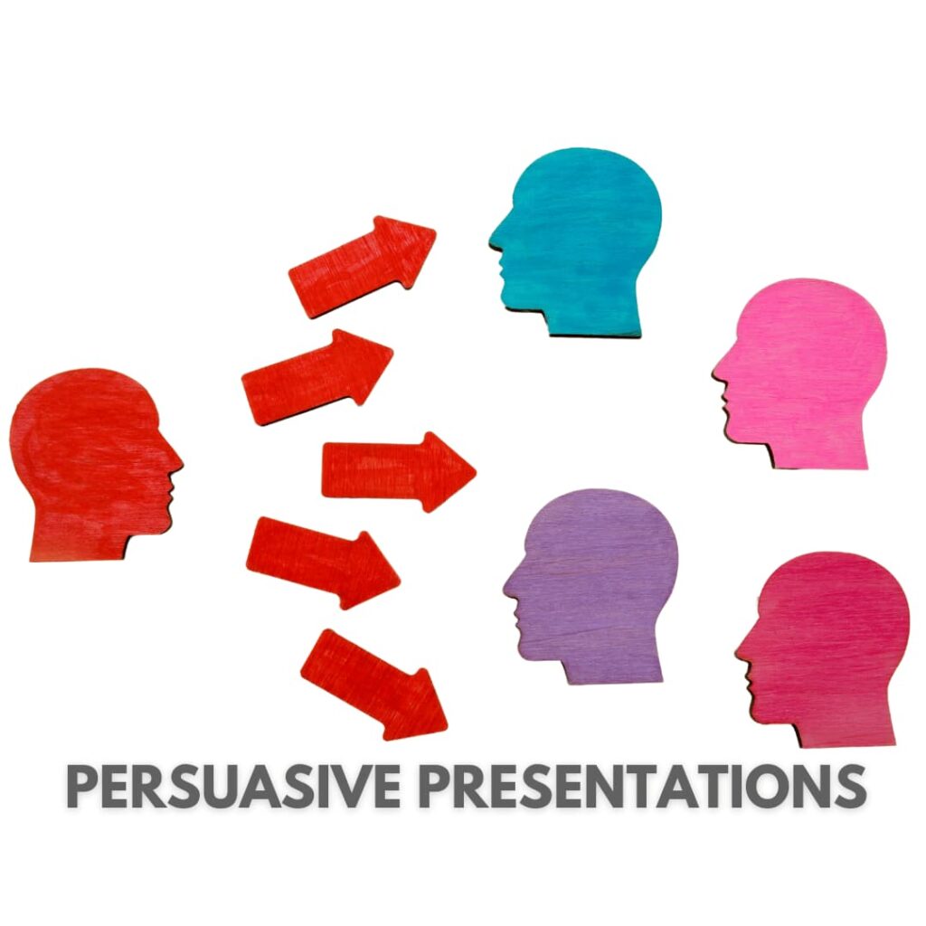 Colorful head silhouettes with arrows pointing towards other heads, symbolizing the influence of persuasive PPT presentation creation services.