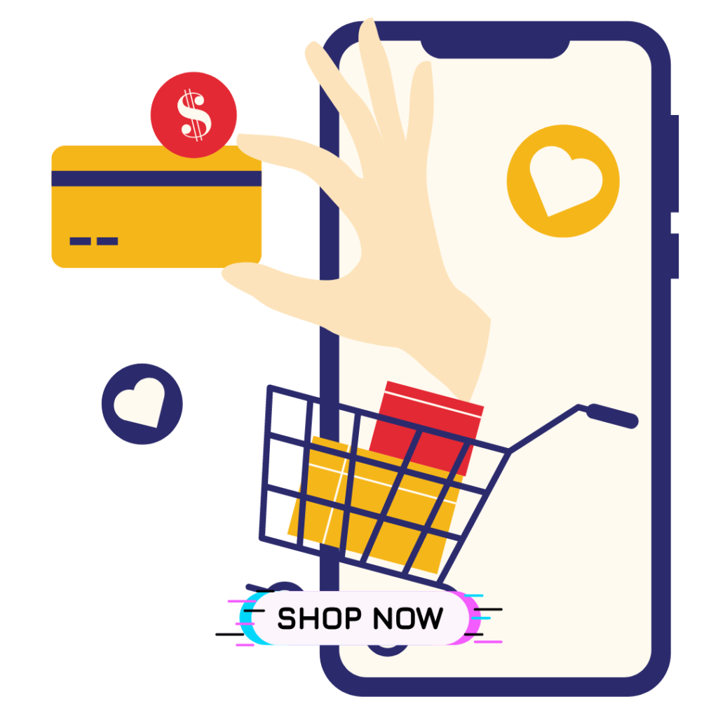 A 3D illustration of a shopping cart emerging from a smartphone screen, symbolizing product description writing services for Shopify stores.