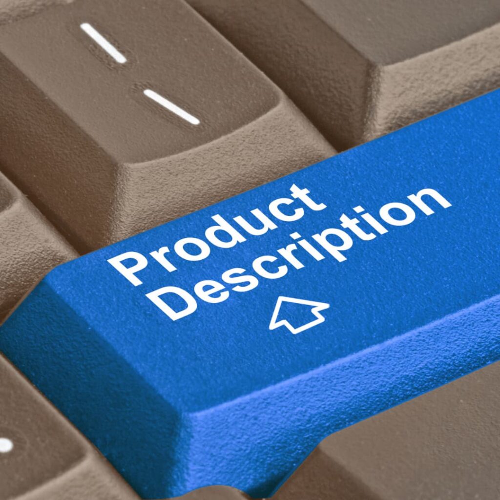 A close-up of a keyboard with a blue key labeled 'Product Description,' symbolizing the detailed product descriptions creation services.