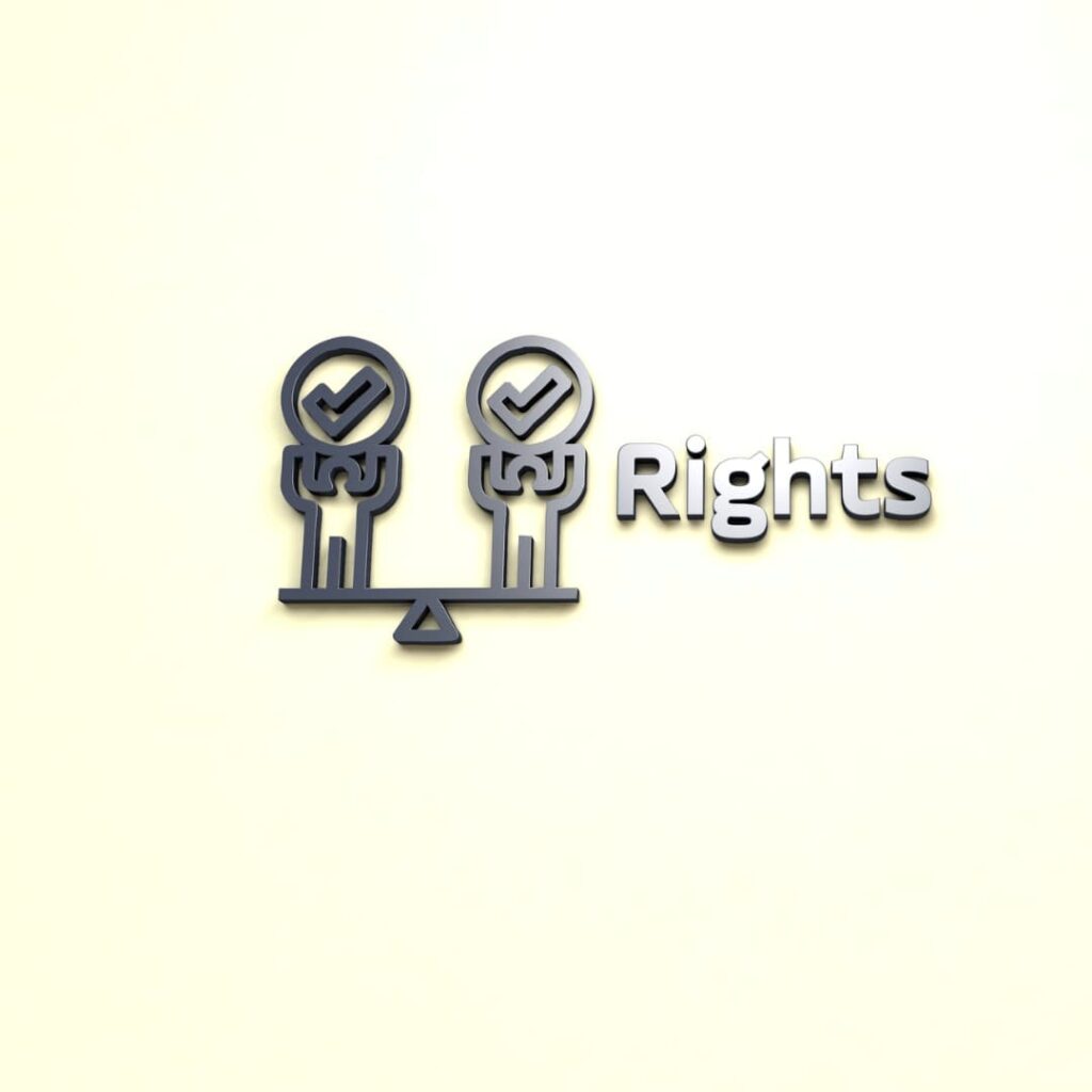 An icon of two figures with checkmarks on a balance scale, highlighting rights and permissions services.