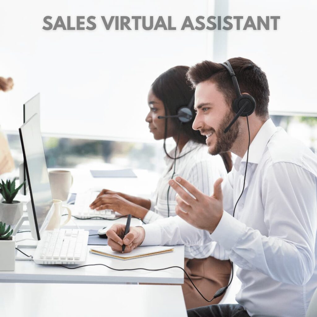 Two customer service representatives wearing headsets, engaged in a conversation at their desks, representing sales virtual assistant services.