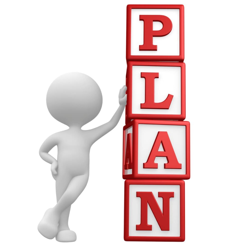 A 3D figure leaning on a stack of red and white blocks spelling "PLAN," emphasizing specialized subject plans creation services.