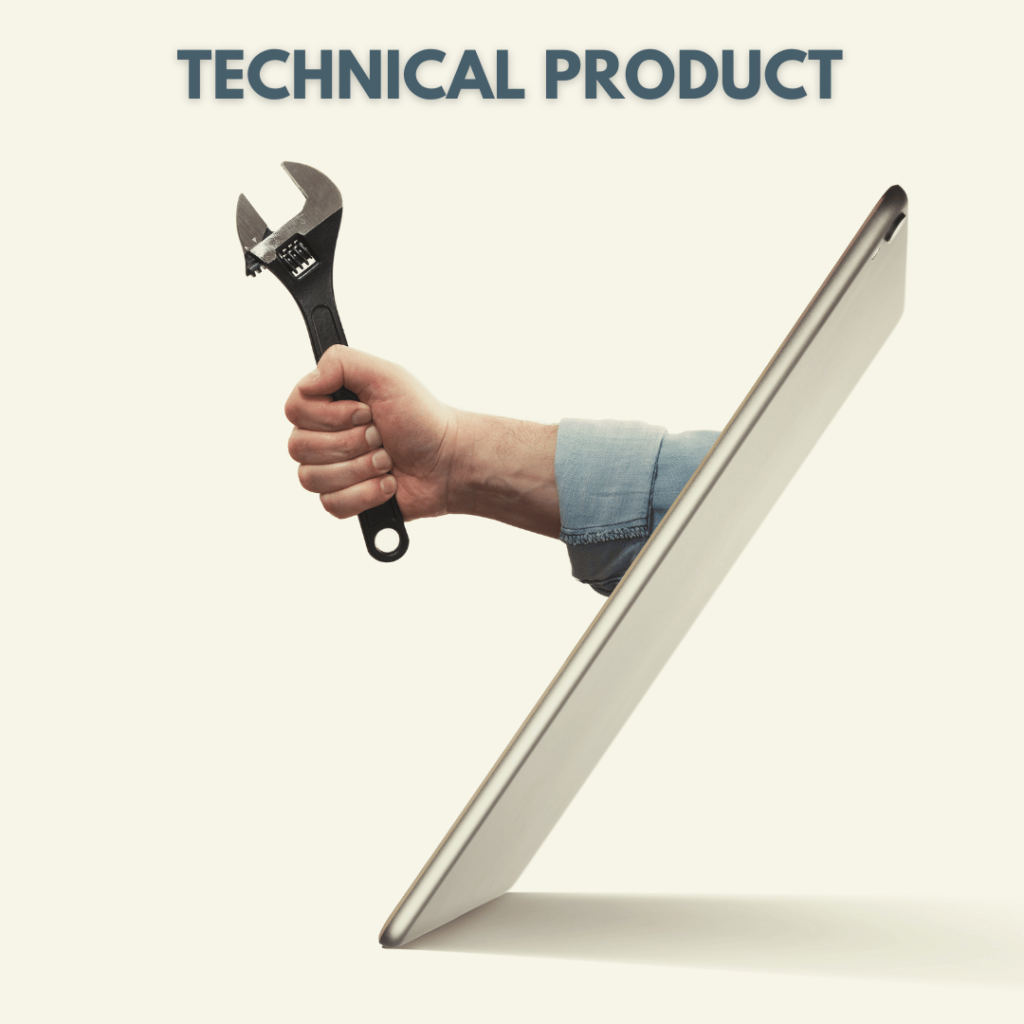 A hand holding a wrench emerging from a tablet screen, symbolizing technical product description writing services for technical and hardware products.