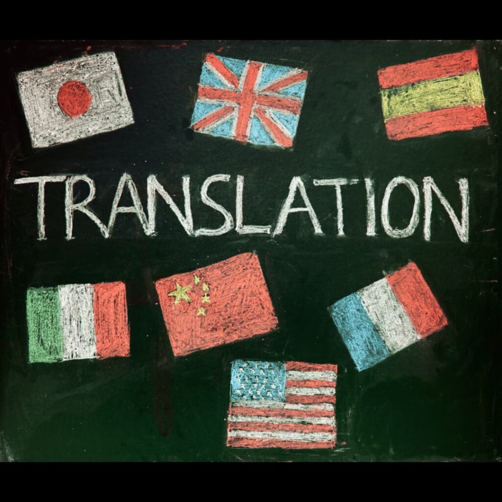 Flags of different countries with the word "Translation" written in the middle, illustrating translation flashcards creation services.