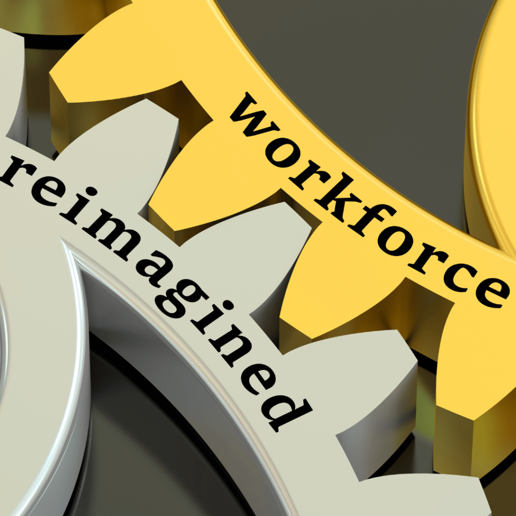 Two interlocking gears with the words 'workforce reimagined,' symbolizing workforce management and volume hiring solutions in onsite staffing services.