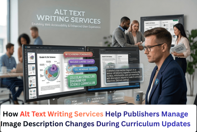 An accessibility editor in an office working on a dual-monitor setup, entering WCAG-compliant alt text for a Grade 8 science textbook diagram during a curriculum update.